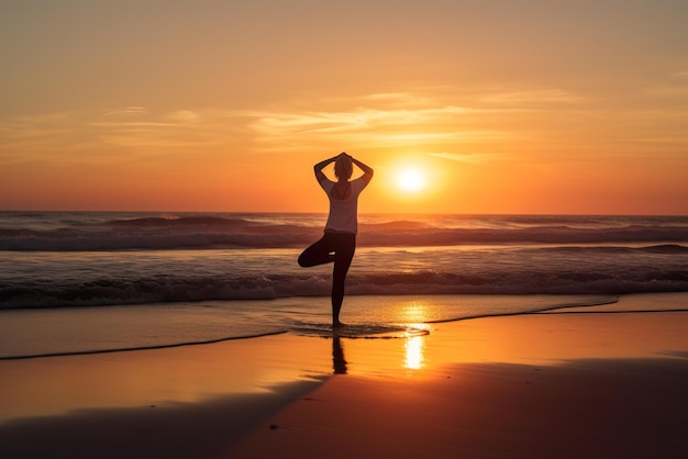 Silhouet van een jonge vrouw die yoga beoefent op het strand bij zonsondergang Generatieve AI