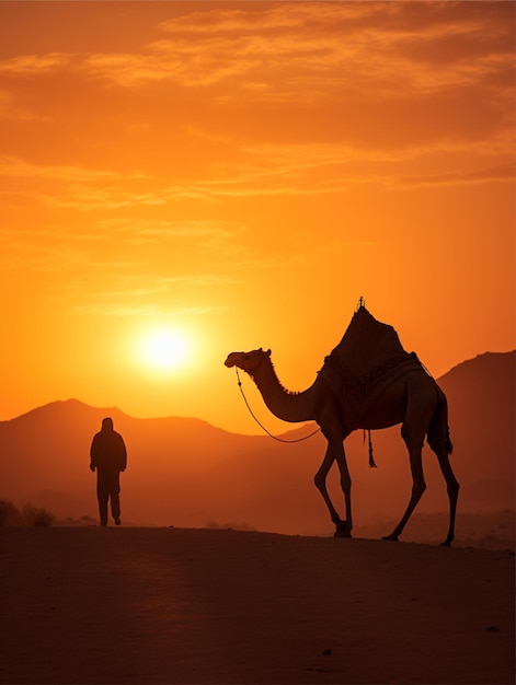 Silhouet van een kameel in de woestijn