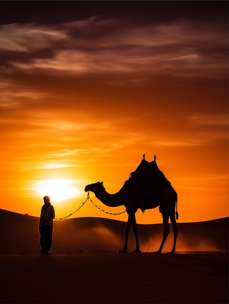 Silhouet van een kameel in de woestijn