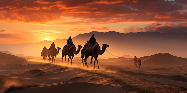 Silhouet van een kameelkaravaan door de zandduinen in de Sahara-woestijn in Marokko