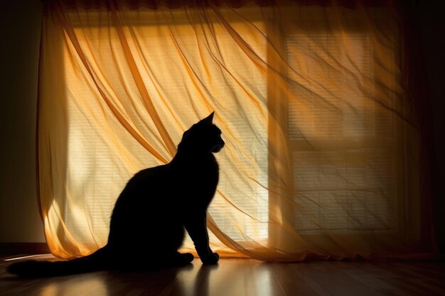 Silhouet van een kat die zich uitstrekt achter een scherp gordijn gemaakt met generatieve AI