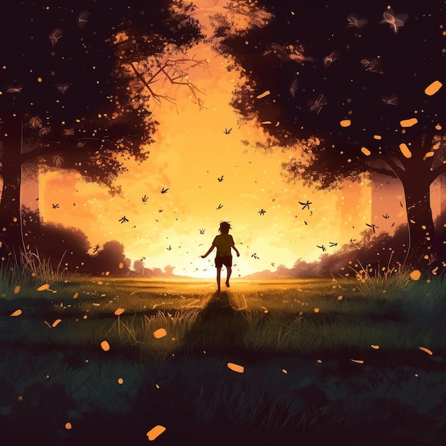Silhouet van een kind dat in het bos loopt bij zonsondergang jeugdherinneringen