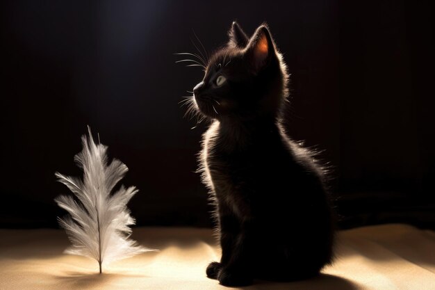 Silhouet van een kitten met achtergrondverlichting met drijvende veren gemaakt met generatieve ai