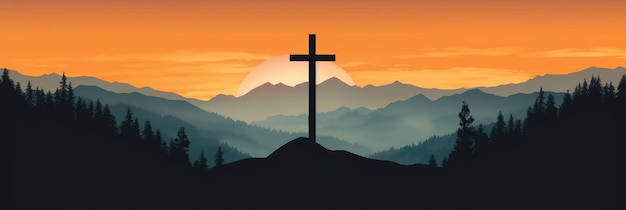 Silhouet van een kruis op een heuvel in een berglandschap bij zonsondergang Generatieve AI