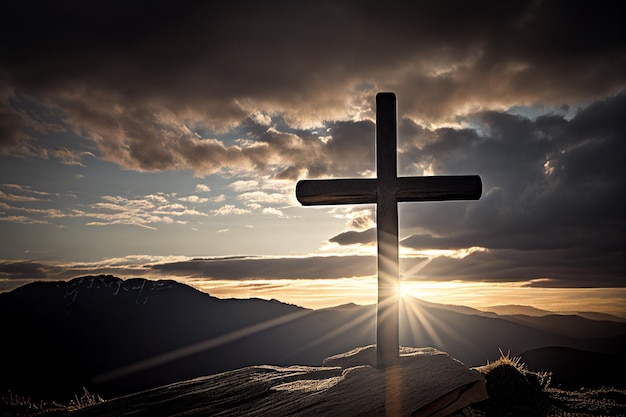 Silhouet van een kruiskerk op de top van een heuvel moutain generatieve AI