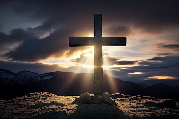 Silhouet van een kruiskerk op de top van een heuvel moutain generatieve AI