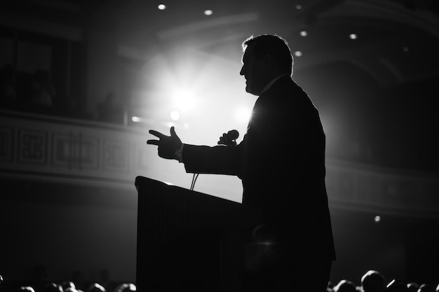 Foto silhouet van een man die een toespraak houdt op het podium