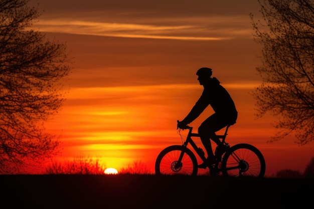 Silhouet van een man die fietst tijdens een zonsondergang