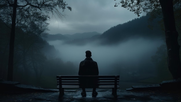 Silhouet van een man die op een bankje in een mistig bos zit