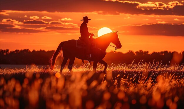 silhouet van een man die op een paard rijdt bij zonsondergang