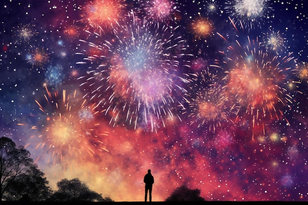 Silhouet van een man die voor een vuurwerk achtergrond staat