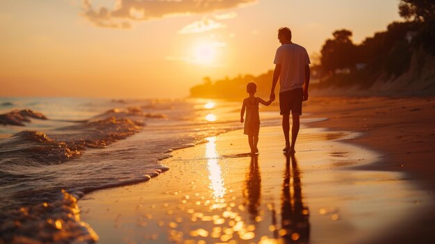 Silhouet van een man en een kind die hand in hand lopen op een strand bij zonsondergang