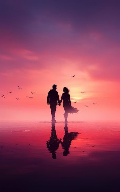 Foto silhouet van een man en een vrouw die in het water staan bij zonsondergang gemaakt door generatieve ai-technologie