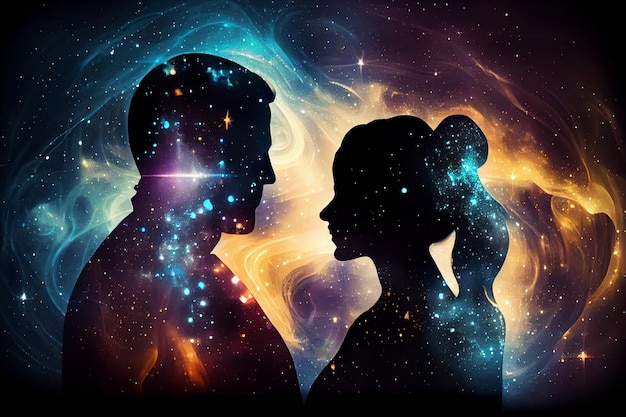 Foto silhouet van een man en een vrouw in profiel tegen de achtergrond van de universegeneratieve ai