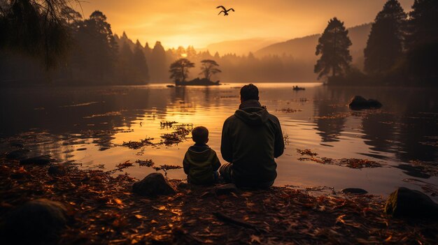 Silhouet van een man en een vrouw met een kind die op een meer lopen in een zonsonderganggeneratieve ai