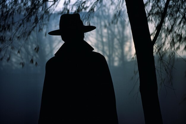 Foto silhouet van een man in een hoed die voor een boom staat