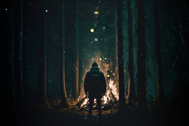 Foto silhouet van een man in een nacht donker bos tegen een brand ai gegenereerde achtergrond