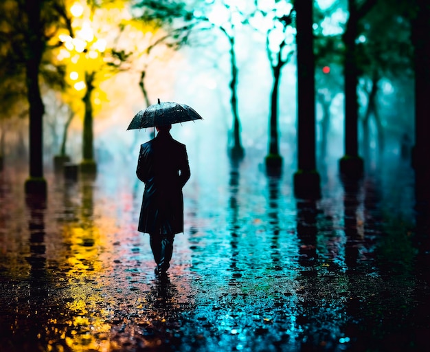 Silhouet van een man met een paraplu die's nachts in de regen loopt