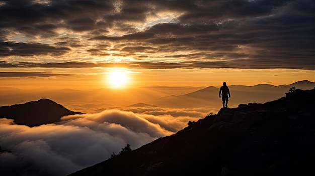 Silhouet van een man op de bergtop Zonsondergang tussen de wolken