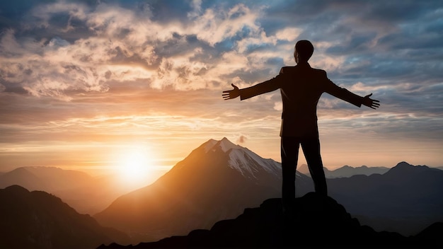 Silhouet van een man op de top van een berg over hemel en zonlicht succes leiderschap en mensen concept