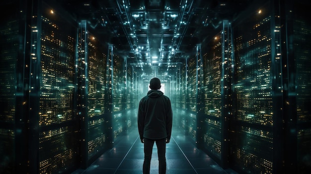 Silhouet van een mannelijke hacker in een serverkamer neurale netwerk ai gegenereerd