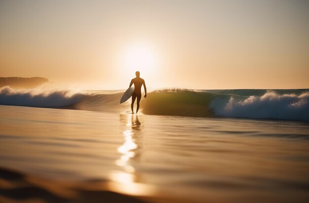 Foto silhouet van een mannelijke surfer met een board die op het water loopt bij zonsondergang een man met een surf in zijn handen