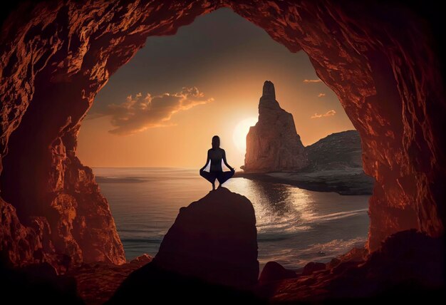 Silhouet van een meisje in yoga pose bij zonsondergang midden in de natuur