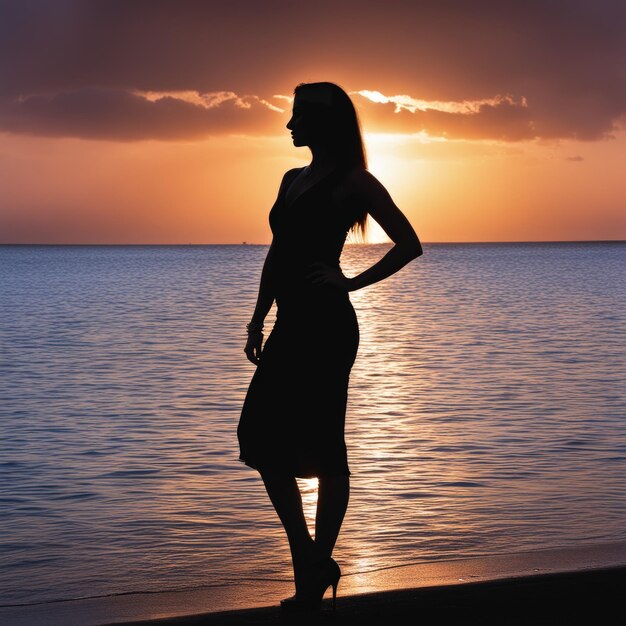 silhouet van een meisje met een rugzak bij zonsondergang