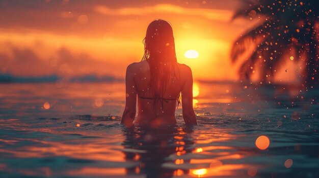 Foto silhouet van een meisje op het strand dat in het water danst tegen de achtergrond van de zonsopgang