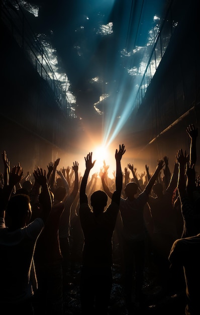 Silhouet van een menigte mensen die tijdens een concert dansen met opgeheven handen en felle lichten