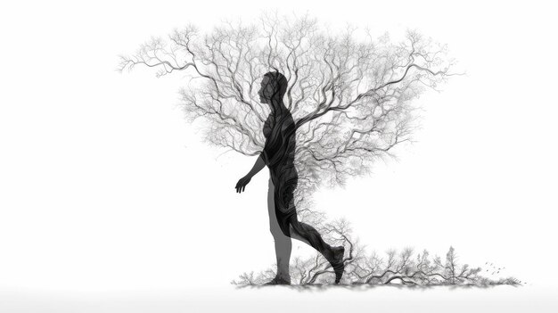 Silhouet van een mens dichtbij een illustratie van de boom dubbele blootstelling