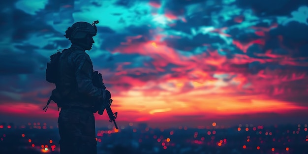 Silhouet van een militaire sluipschutter met een sluipschutterspistool op een donkere, mistige achtergrond, een schot met een pistool in de hand, een kleurrijke achtergrond in de lucht.