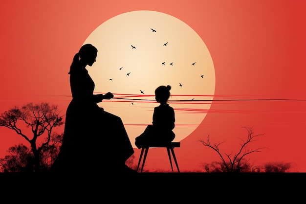 Silhouet van een moeder en dochter die bij zonsondergang op een bank zitten
