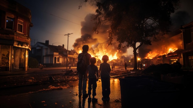 Silhouet van een moeder en twee kinderen die voor een brandend gebouw staan