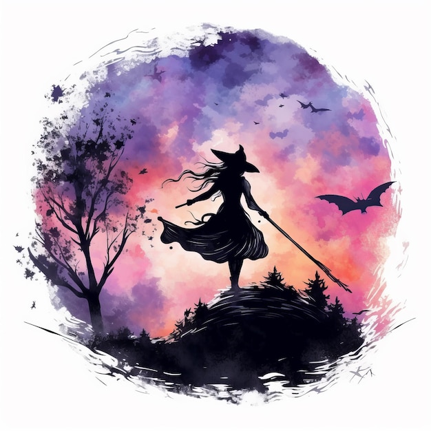 Silhouet van een mooie heks met een bezem Achtergrond voor Halloween-fantasie en magie