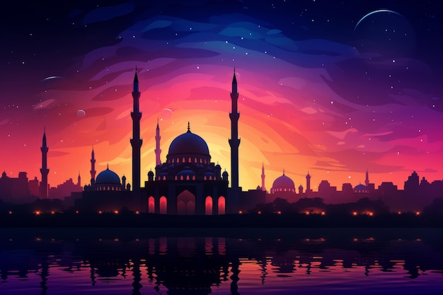 Silhouet van een moskee tegen een kleurrijke lucht voor de Mawlid-feesten