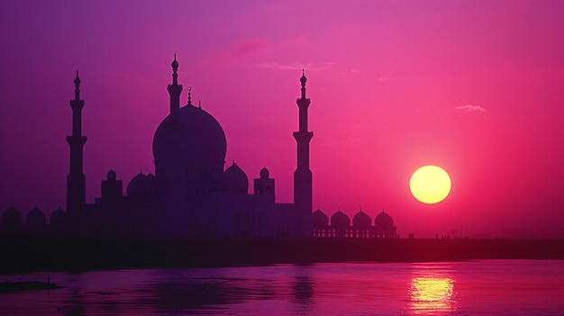 Silhouet van een moskee tegen het adembenemende doek van een zonsopgang