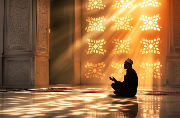 Silhouet van een moslimman die zit terwijl hij zijn handen opheft en bidt in een moskee met islamitisch concept