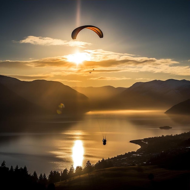 Foto silhouet van een paraglider die over aurlandfjord, noorwegen, vliegt