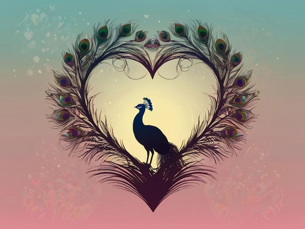 silhouet van een pauw vogel in hartvorm op pastel achtergrond liefde