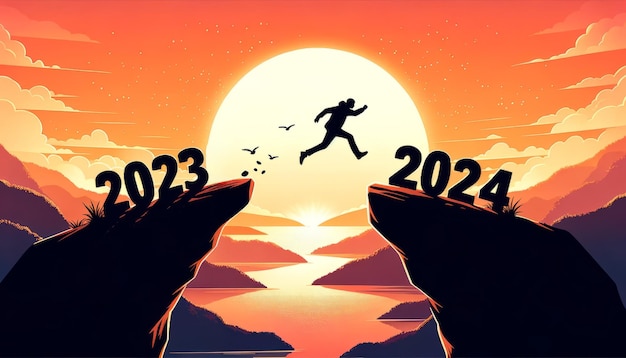 Silhouet van een persoon die een dappere sprong maakt van het jaar 2023 naar 2024. Nieuwjaarsconcept