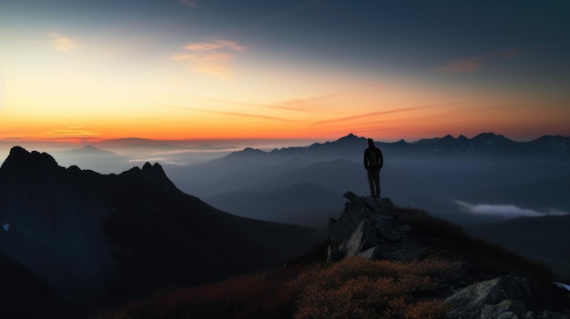 Silhouet van een persoon die op de top van een heuvel staat onder de prachtige kleurrijke hemel in de ochtend Generatieve AI AIG21