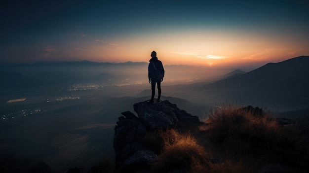 Silhouet van een persoon die tijdens zonsopgang op een berg staat na een wandeling Generatieve AI