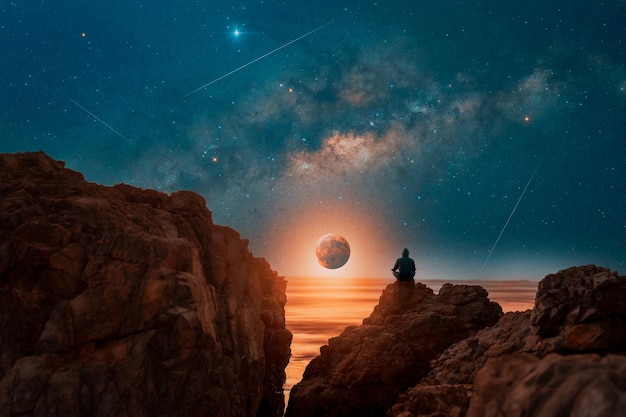 Silhouet van een persoon die zit te mediteren op de rotsen boven de zee met vallende sterren op de achtergrond
