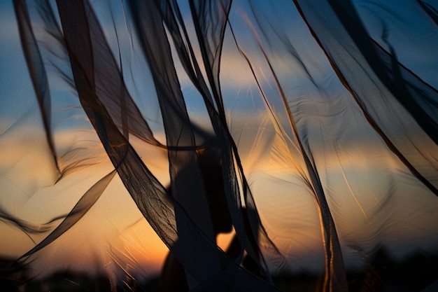 Foto silhouet van een persoon door de stof van een muggennet bij zonsondergang