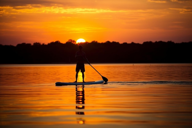 Silhouet van een persoon paddleboarding bij zonsopgang of zonsondergang zomer