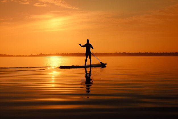 Silhouet van een persoon paddleboarding bij zonsopgang of zonsondergang zomer