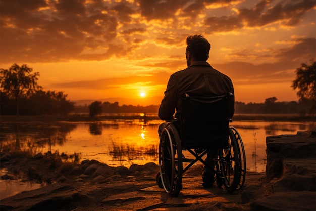 Silhouet van een rolstoelgebruiker tegen zonsondergang die kracht en onwankelbare geest uitbeeldt