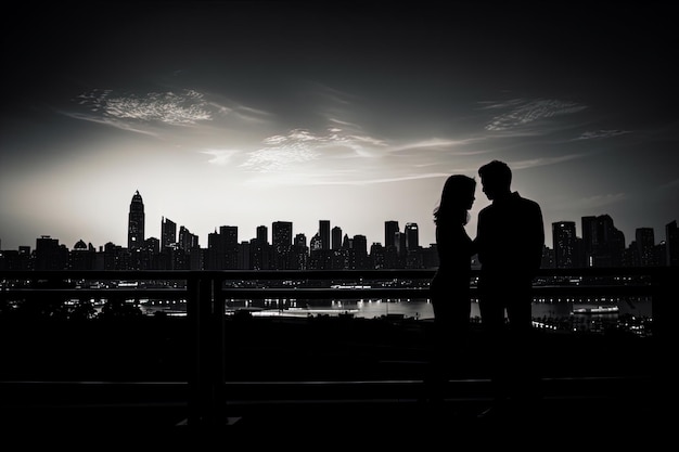 Silhouet van een romantisch jong stel dat geniet van het nachtelijke stadsbeeld