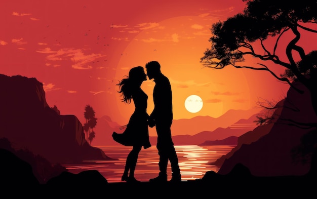 Silhouet van een romantisch stel dat zoent bij een prachtige zonsondergang.